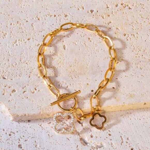 Gold Plated Stainless Steel Clover Charm Chain Bracelet Tarnish Resistant - Picture 2 of 3